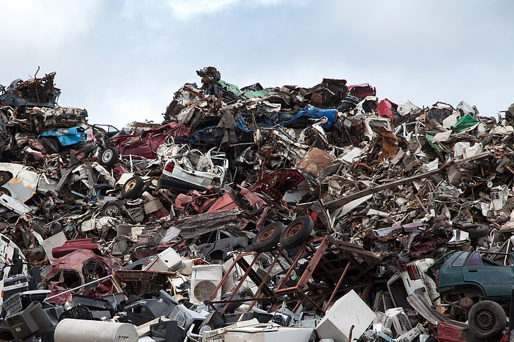 Scrapyard, riciclaggio, dump, immondizia, metallo, cantiere di demolizione, mucchio