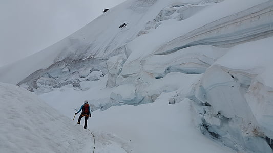 glacier, high-altitude mountain tour, crevasses, seracs, ice, eisabbruch, alpine