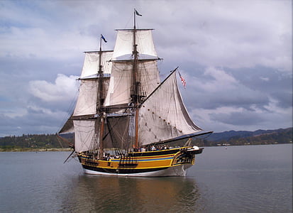 skipet, Columbia, elven, naturskjønne, lerret, seil