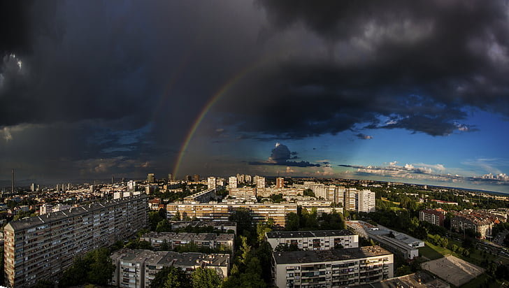zagreb, srednjaci, croatia, buildings, rainbow, sky, from above