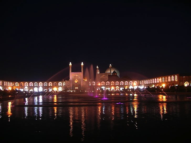Irán, Mezquita de, agua, noche, noche, reflexiones, luces