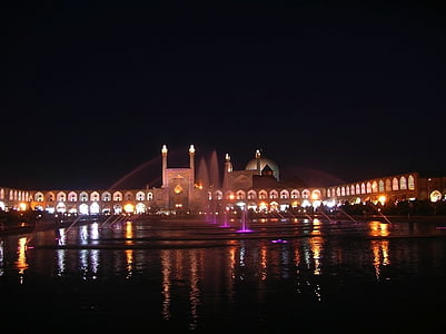 iran, mosque, water, night, evening, reflections, lights