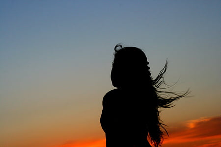 zonsondergang, meisje, schaduw, Wind, silhouet, hemel, wolk