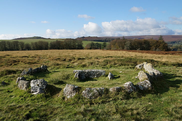 cistvaen, cercle de pedra, Dartmoor, Parc Nacional, antiga, núvols, granit