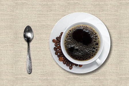 coffee, cup and saucer, black coffee, tea spoon, teaspoon, beverage, saucer