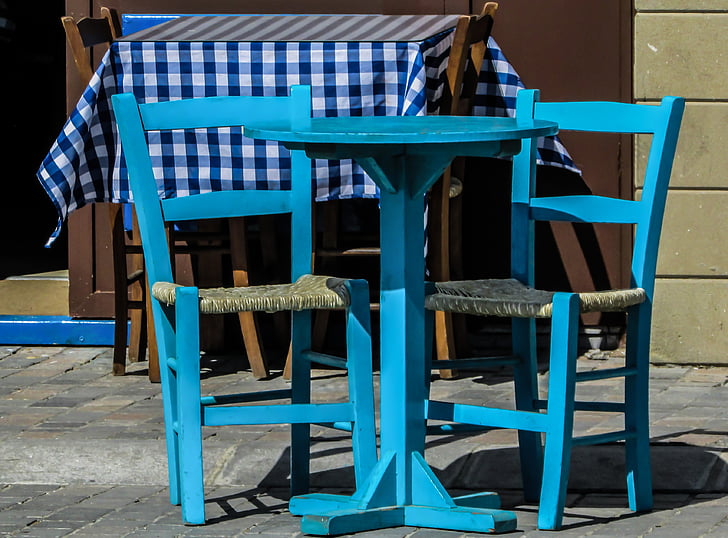 Krodziņi, Grieķu, tabula, krēsli, zila, tūrisms, Kipra