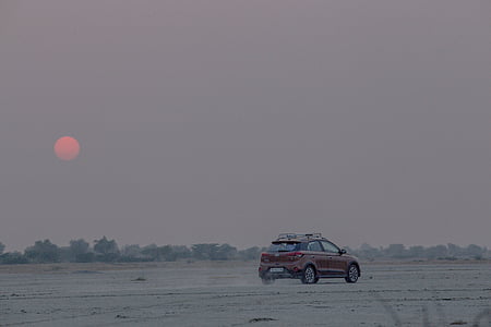 Panorama, fotografering, rød, døren, hatchback, Sunset, bil