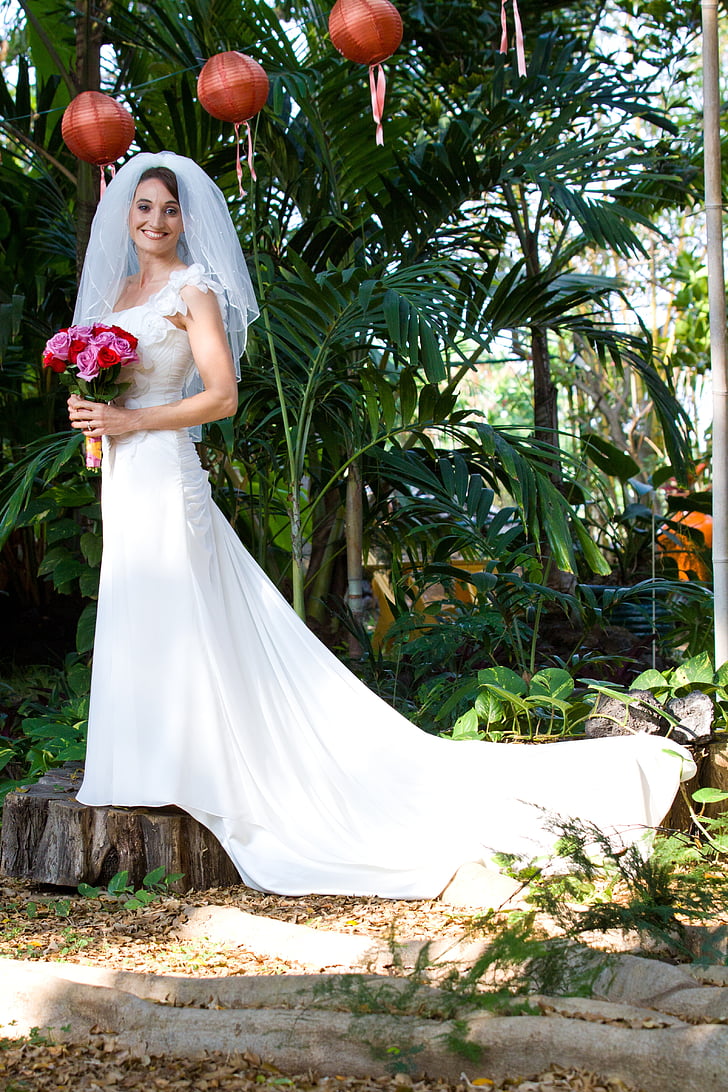 bruden, kjole, lanterner, ægteskab, bryllup, hvid, kvinde