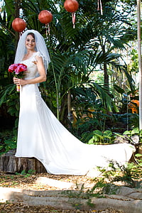 bruid, jurk, lantaarns, huwelijk, bruiloft, wit, vrouw