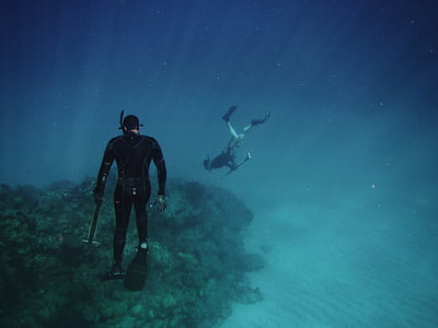 hombre, usando, negro, húmedo, traje, bajo el agua, bajo el mar