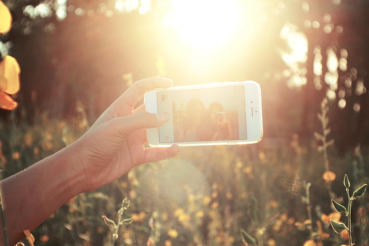 Selfie, mobilný telefón, Sunny, vonku, telefón, ľudia, s úsmevom