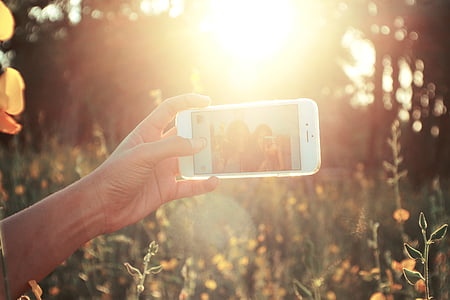 selfies, мобилен телефон, Слънчев, на открито, телефон, хора, усмихнати