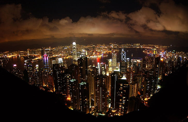 Hong kong, linha do horizonte, paisagem urbana, noite, céu, Crepúsculo, luzes