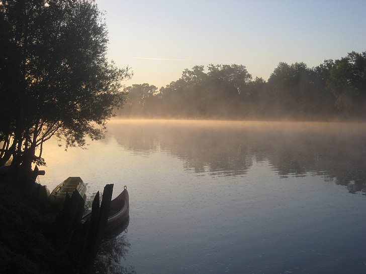 floden, djupa mist, morgon, båtar, abendstimmung, kupa, Kolpa