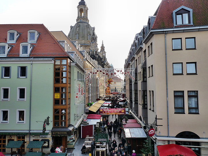 Kalėdinis turgus, Miuncheno Dievo Motinos bažnyčia, Drezdenas, Dresdeno, Miestas, apšvietimas, Vokietija
