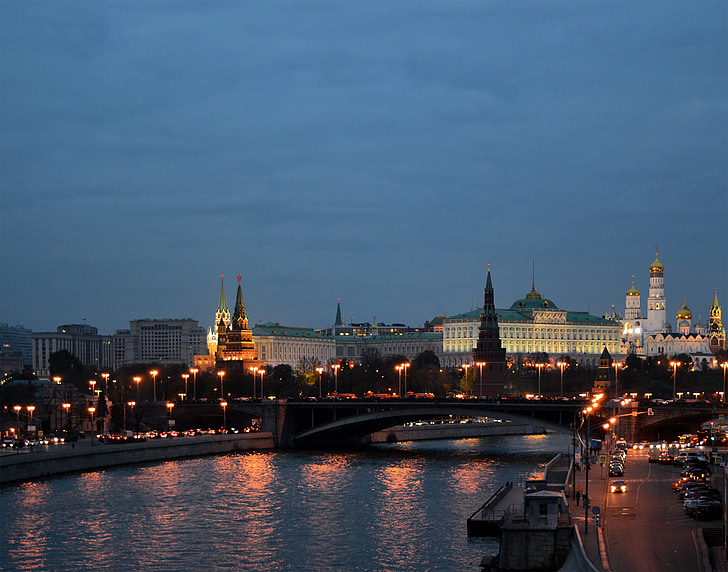 malam Moskow, Moskow lampu, Moskow, kremlin, malam kota, lampu-lampu kota, Sungai