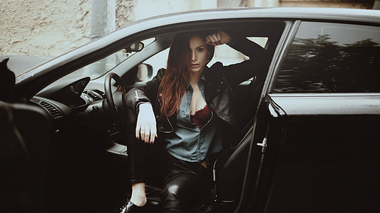 Flicka, i bilen, photoshoot, bakom ratten, modell, kvinna, flicka i bil