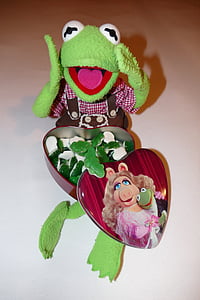 Kermit, žába, Těším se, Gummibärchen, gumové žáby, krabice, srdce