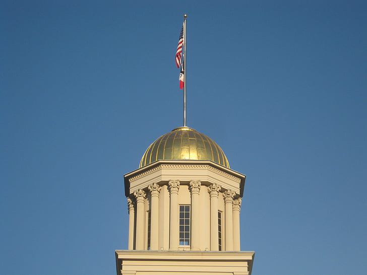 Capitol, Iowa, Iowa city, gull, flagg, blå, bygge