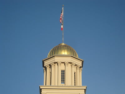 国会大厦, 爱荷华州, 艾奥瓦城, 黄金, 国旗, 蓝色, 建设