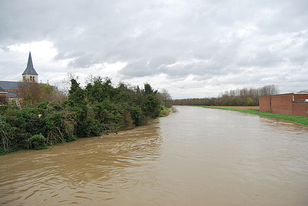 fiume, inondazione, Chiesa, Eppegem, flusso, acqua