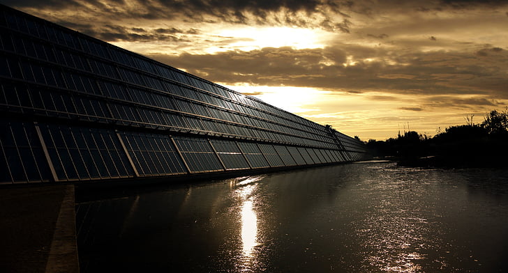 Gelsenkirchen, Parc scientifique, technologie, eau, coucher de soleil, réflexion, rivière