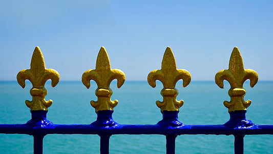 metal, fence, railing, artistic, blue, sea view, iron