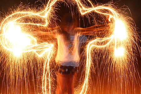 sparkler, light, night, glowing, girl, effect, experiment