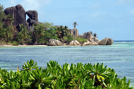 Pantai, batu, tropis, pemandangan, Laguna, laut, Seychelles