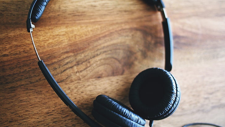 photo, black, corded, headphones, brown, wooden, panel