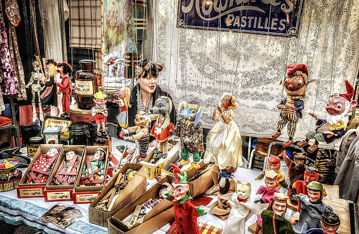 marionet stall, dukker, marked stall, sælger, marionet, kulturer