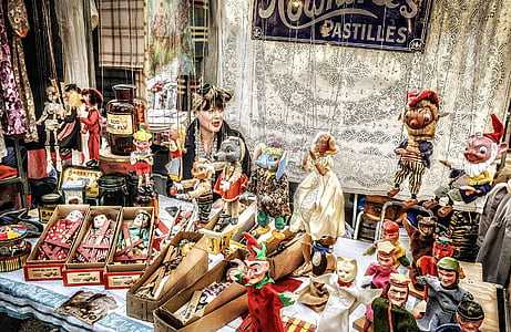 décrochage de la marionnette, poupées, étal de marché, vendeur, marionnette, cultures