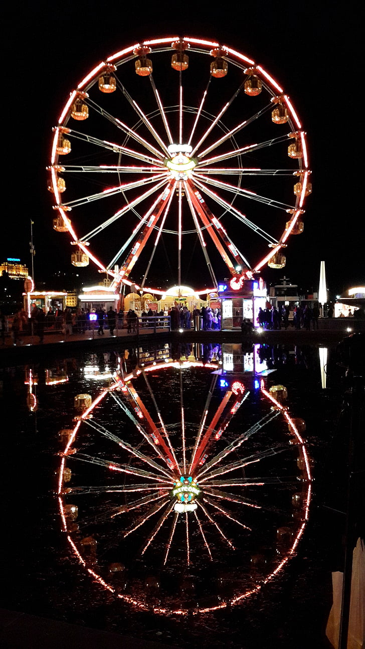 lucerne, mirror lake, night lights, amusement park, wheel, spoke