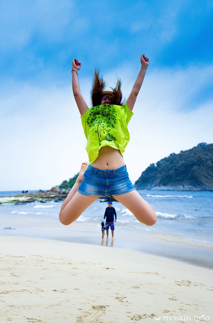 jente, hoppe, kvinne, glad, glede, stranden, Phuket