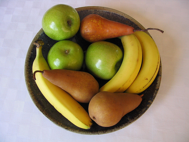 ovoce, mísa, Jablko, zelená, hruška, banán, celé