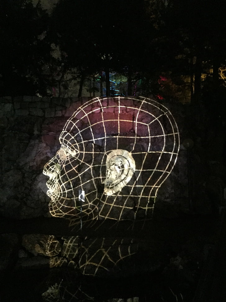 head, light, skull, structure, night, artwork, surreal