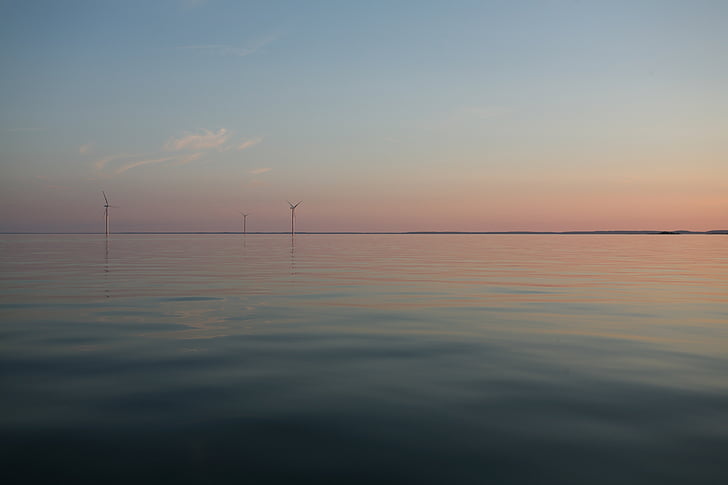 wind turbine, evening, lake