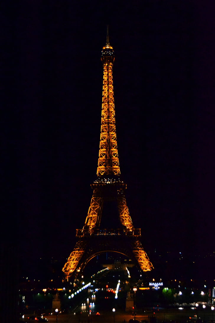 Wieża Eiffla, noc, Oświetlenie, Paryż, Francja, Wieża Eiffla, Paris - Francja
