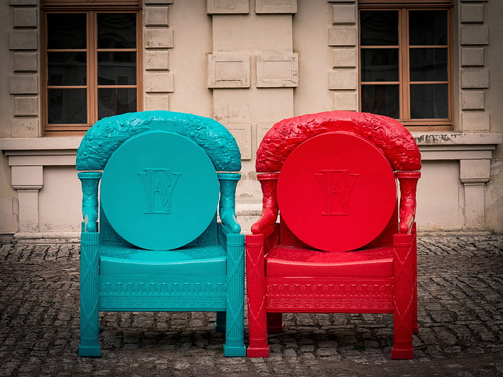 chair, red, turquoise, seat, out, plastic, artificial