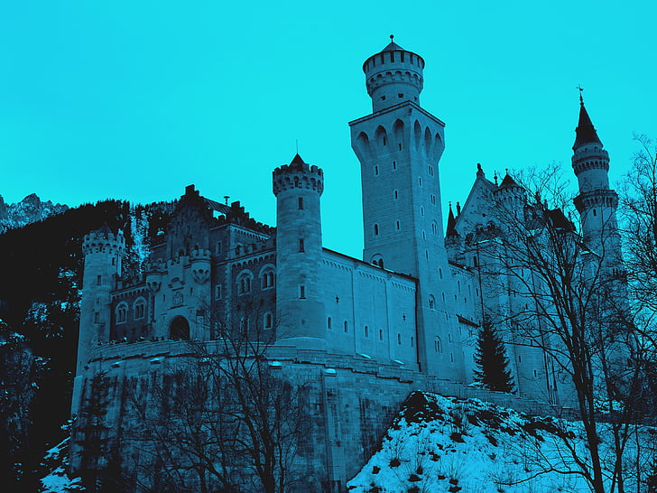 castle, germany, bavaria, blue, winter, neuschwanstein, landscape