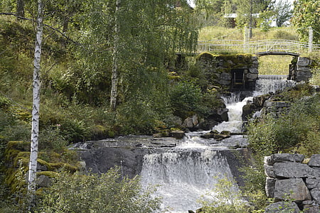 sweden, waterfall, green, trees, water, nature, forest