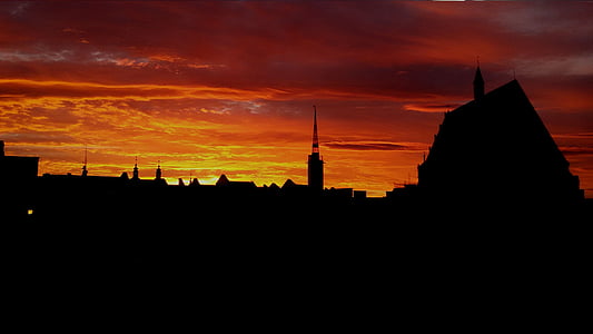 puesta de sol, Crepúsculo, la Catedral de, ciudad, Nysa, arquitectura, estructura construida