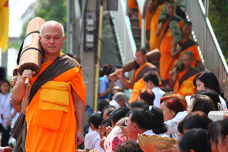 szerzetesek, buddhisták, buddhizmus, séta, narancs, fürdőköpeny, thai