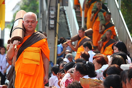 moines, bouddhistes, bouddhisme, à pied, orange, robes de chambre, Thaï