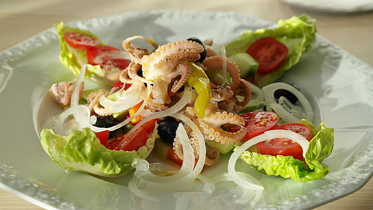 fish, squid, octopus, calamari, salad, cucumber, tomato
