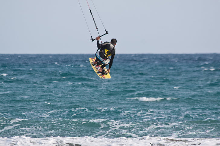 kitesurfer, kite surfing, kiters, kitesurfing, in the, sea, sky