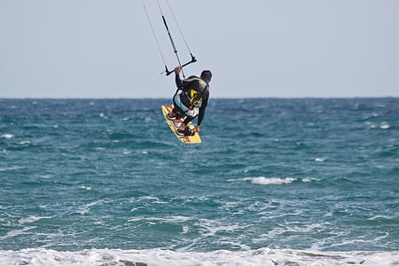 kitesurfare, kitesurfing, kiters, kitesurfing, i den, havet, Sky