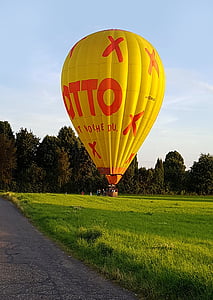 ballong, varm luftballong ride, landade, fältet, skogen, bort, gul