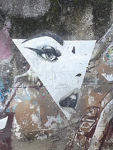 mulher, pintura mural, grafite, fêmea, urbana, olhos, modelo