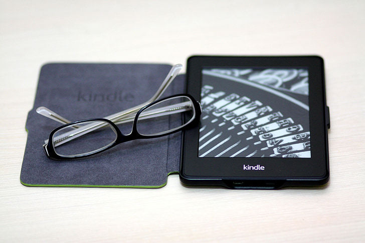 Kindle, blanc de treball, llibre, dispositiu, ulleres, e-llibre, electrònica